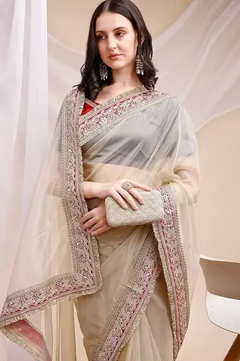 beige space silk blend ethnic embroidered partywear saree