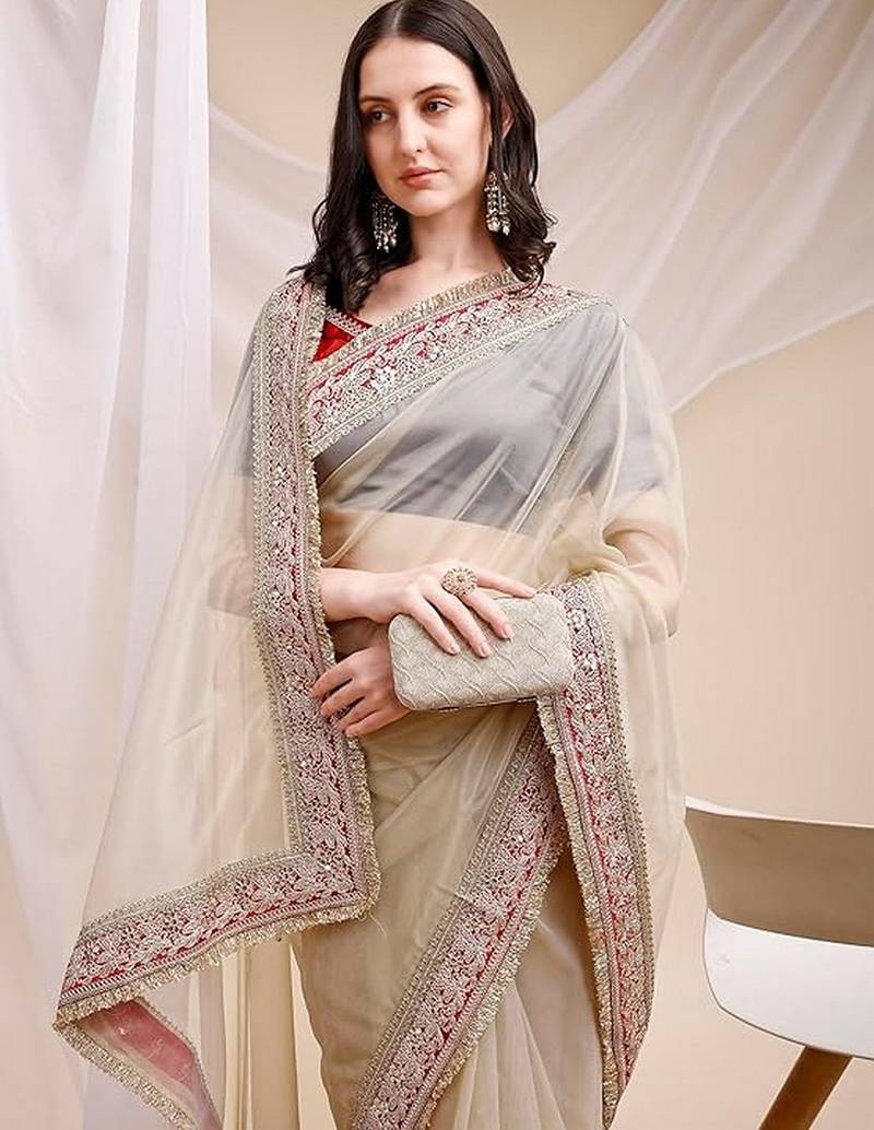 beige color space silk blend fabric ethnic embroidered partywear saree