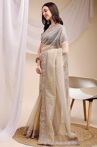 beige space silk blend ethnic embroidered partywear saree