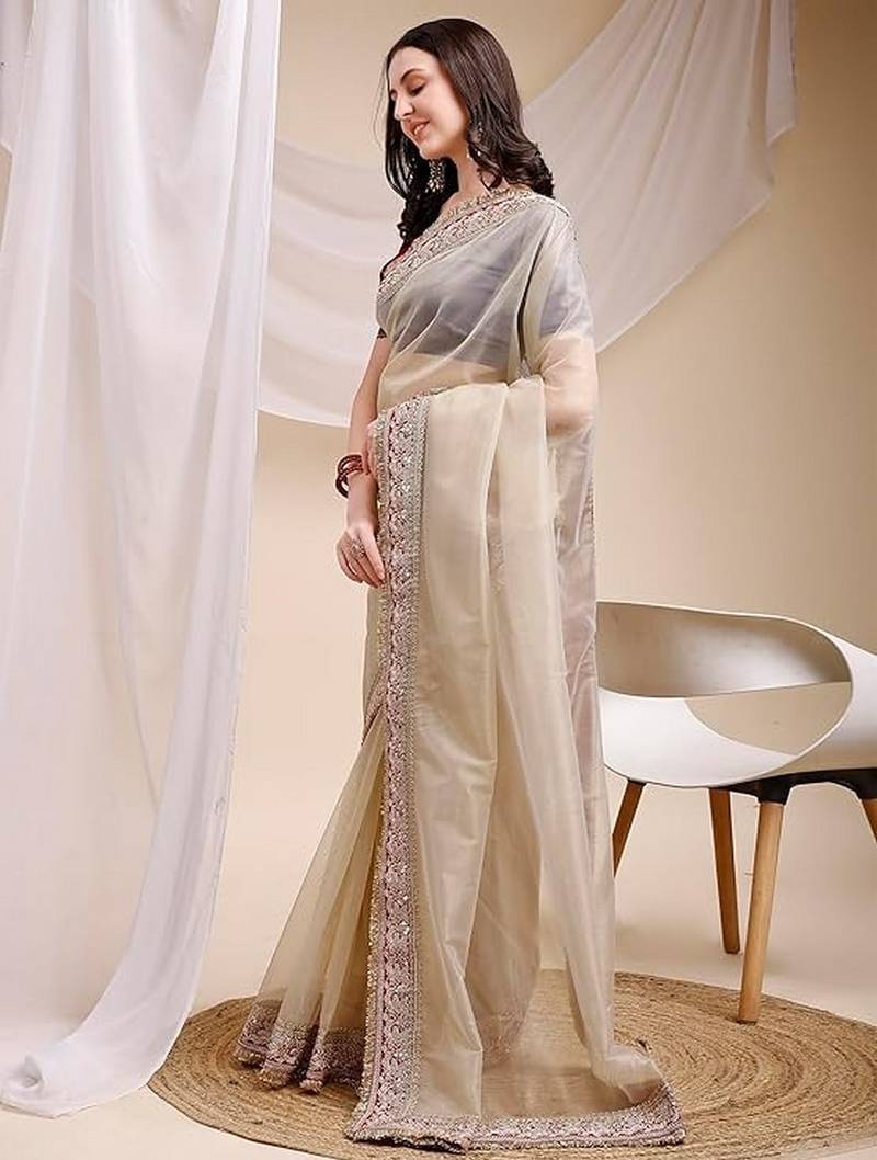 beige color space silk blend fabric ethnic embroidered partywear saree