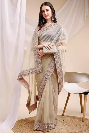 beige space silk blend ethnic embroidered partywear saree