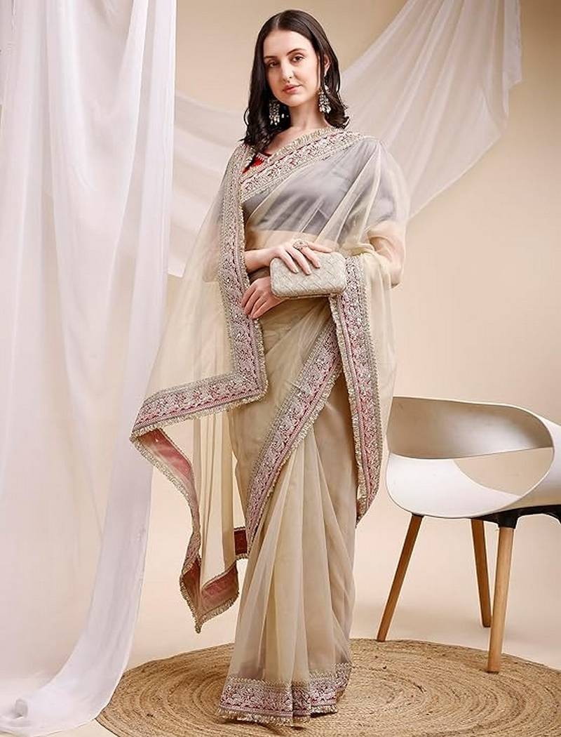 beige color space silk blend fabric ethnic embroidered partywear saree