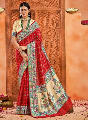 red velvet tussar silk blend partywear saree with paithani pallu and traditional ghatchola print 1