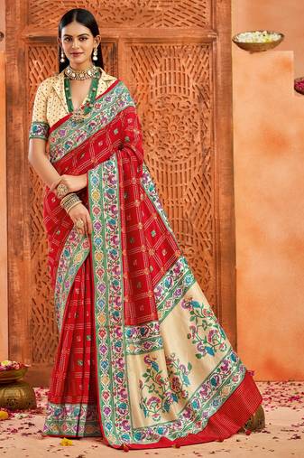 red color velvet tussar silk blend fabric partywear saree with paithani pallu and traditional ghatchola print