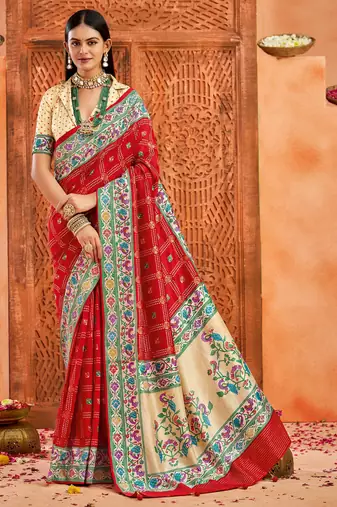 red color velvet tussar silk blend fabric partywear saree with paithani pallu and traditional ghatchola print