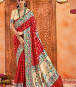 red color velvet tussar silk blend fabric partywear saree with paithani pallu and traditional ghatchola print