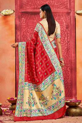 red velvet tussar silk blend partywear saree with paithani pallu and traditional ghatchola print 2