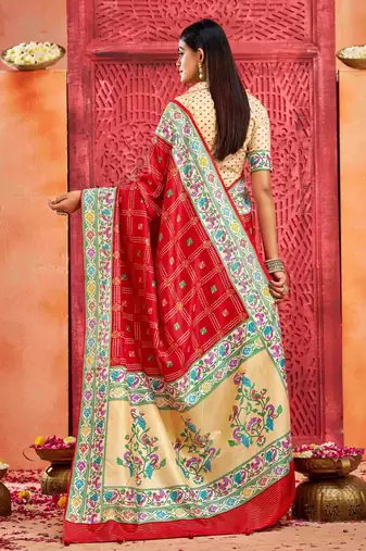 red velvet tussar silk blend partywear saree with paithani pallu and traditional ghatchola print