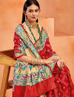 red velvet tussar silk blend partywear saree with paithani pallu and traditional ghatchola print 3