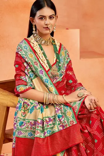 red velvet tussar silk blend partywear saree with paithani pallu and traditional ghatchola print