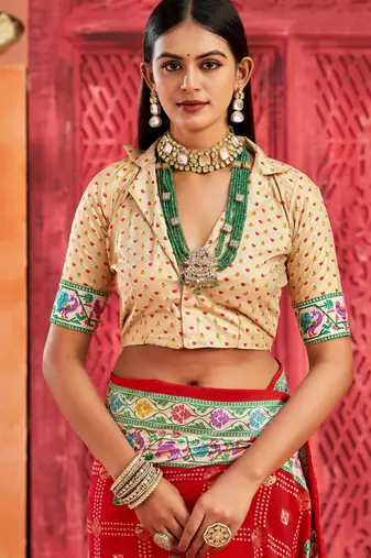 red velvet tussar silk blend partywear saree with paithani pallu and traditional ghatchola print