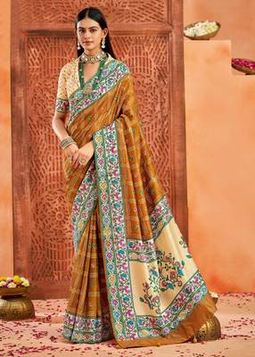 mustard velvet tussar silk blend partywear saree with paithani pallu and traditional ghatchola print 1
