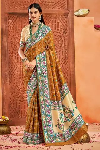 mustard color velvet tussar silk blend fabric partywear saree with paithani pallu and traditional ghatchola print
