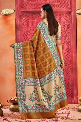 mustard velvet tussar silk blend partywear saree with paithani pallu and traditional ghatchola print 2