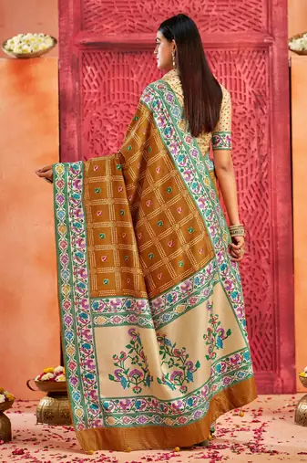 mustard velvet tussar silk blend partywear saree with paithani pallu and traditional ghatchola print