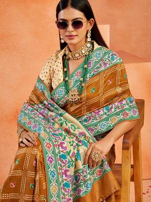 mustard velvet tussar silk blend partywear saree with paithani pallu and traditional ghatchola print 3