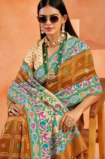 mustard velvet tussar silk blend partywear saree with paithani pallu and traditional ghatchola print