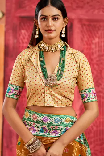 mustard velvet tussar silk blend partywear saree with paithani pallu and traditional ghatchola print