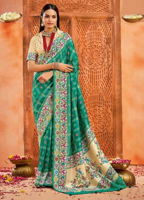 firozi velvet tussar silk blend partywear saree with paithani pallu and traditional ghatchola print 1