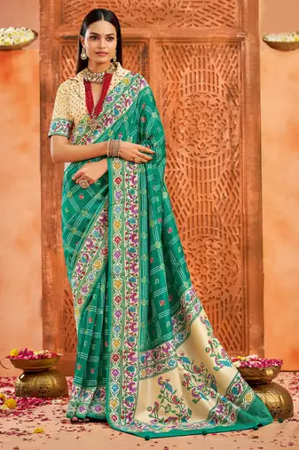 firozi color velvet tussar silk blend fabric partywear saree with paithani pallu and traditional ghatchola print