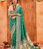 firozi color velvet tussar silk blend fabric partywear saree with paithani pallu and traditional ghatchola print