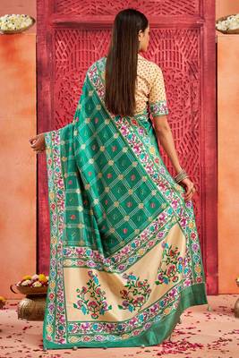 firozi velvet tussar silk blend partywear saree with paithani pallu and traditional ghatchola print 2