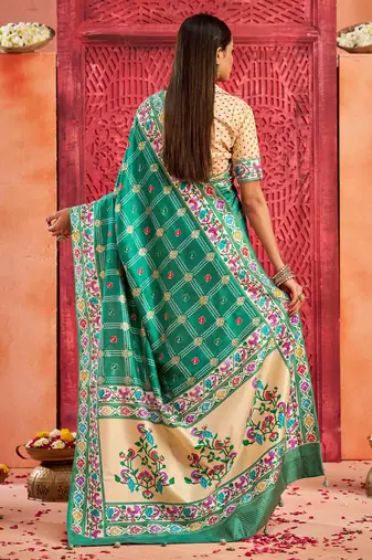 firozi velvet tussar silk blend partywear saree with paithani pallu and traditional ghatchola print