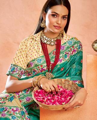 firozi velvet tussar silk blend partywear saree with paithani pallu and traditional ghatchola print 3