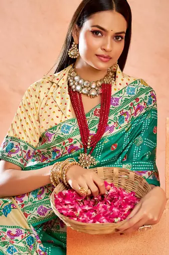 firozi velvet tussar silk blend partywear saree with paithani pallu and traditional ghatchola print