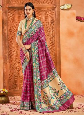rani pink velvet tussar silk blend partywear saree with paithani pallu and traditional ghatchola print 1
