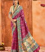 rani pink color velvet tussar silk blend fabric partywear saree with paithani pallu and traditional ghatchola print