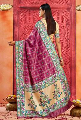rani pink velvet tussar silk blend partywear saree with paithani pallu and traditional ghatchola print 2