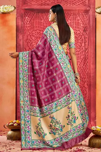 rani pink velvet tussar silk blend partywear saree with paithani pallu and traditional ghatchola print