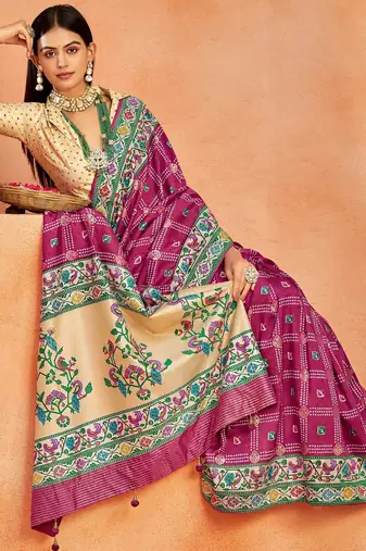 rani pink velvet tussar silk blend partywear saree with paithani pallu and traditional ghatchola print