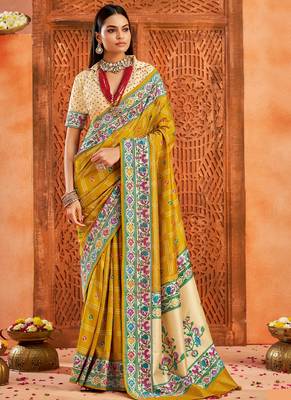 gold velvet tussar silk blend partywear saree with paithani pallu and traditional ghatchola print 1