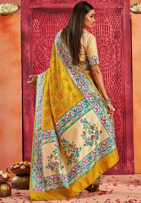 gold velvet tussar silk blend partywear saree with paithani pallu and traditional ghatchola print 2