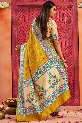 gold velvet tussar silk blend partywear saree with paithani pallu and traditional ghatchola print