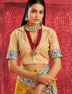 gold velvet tussar silk blend partywear saree with paithani pallu and traditional ghatchola print 4
