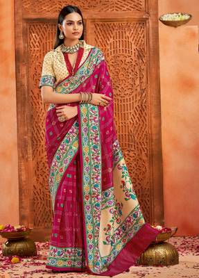magenta rose velvet tussar silk blend partywear saree with paithani pallu and traditional ghatchola print 1