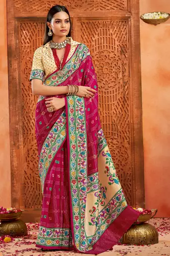 magenta rose color velvet tussar silk blend fabric partywear saree with paithani pallu and traditional ghatchola print