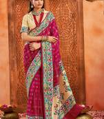 magenta rose color velvet tussar silk blend fabric partywear saree with paithani pallu and traditional ghatchola print