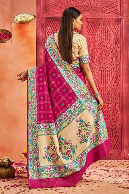 magenta rose velvet tussar silk blend partywear saree with paithani pallu and traditional ghatchola print 2