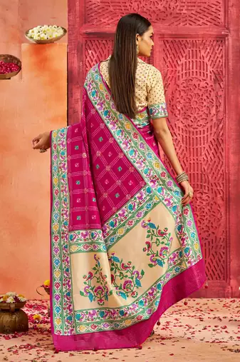 magenta rose velvet tussar silk blend partywear saree with paithani pallu and traditional ghatchola print