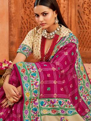 magenta rose velvet tussar silk blend partywear saree with paithani pallu and traditional ghatchola print 3