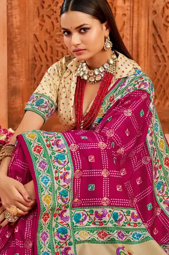 magenta rose velvet tussar silk blend partywear saree with paithani pallu and traditional ghatchola print