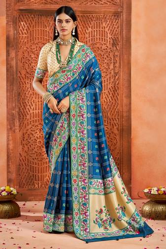 cobalt blue color velvet tussar silk blend fabric partywear saree with paithani pallu and traditional ghatchola print