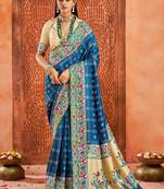 cobalt blue color velvet tussar silk blend fabric partywear saree with paithani pallu and traditional ghatchola print