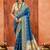 cobalt blue color velvet tussar silk blend fabric partywear saree with paithani pallu and traditional ghatchola print