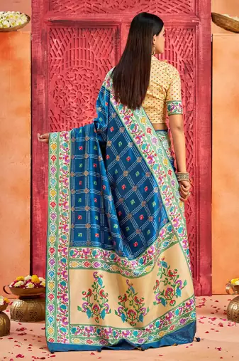 cobalt blue velvet tussar silk blend partywear saree with paithani pallu and traditional ghatchola print