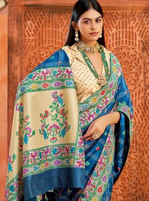 cobalt blue velvet tussar silk blend partywear saree with paithani pallu and traditional ghatchola print 3